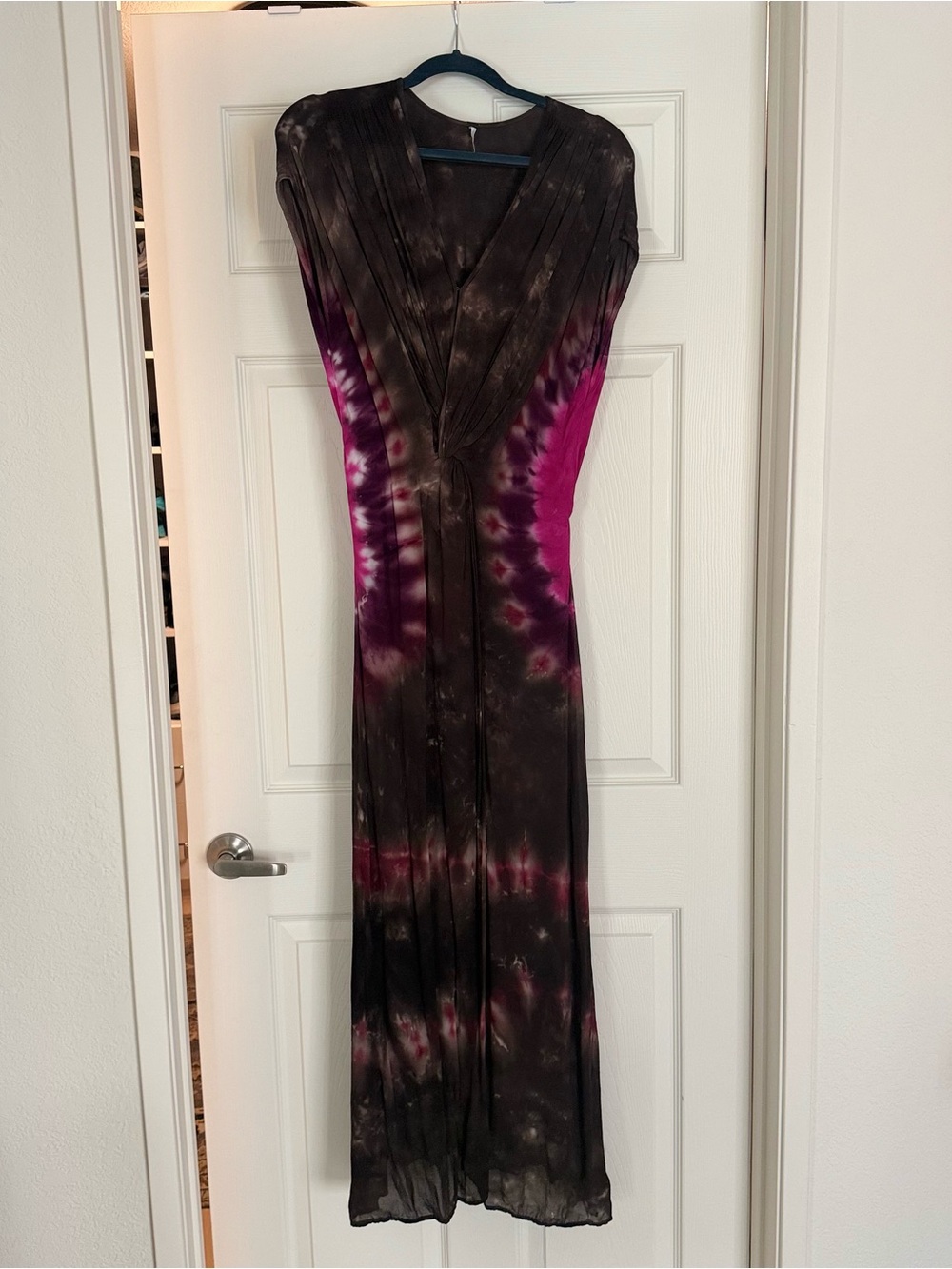Tie-Dye V-Neck Lined Maxi Dress in Chocolate Brown and Magenta